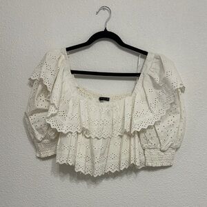 Zara White lace Eyelet Ruffle Blouse xs